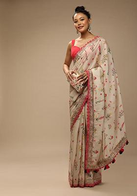 Off White Sequin Embroidered Chinon Saree Set