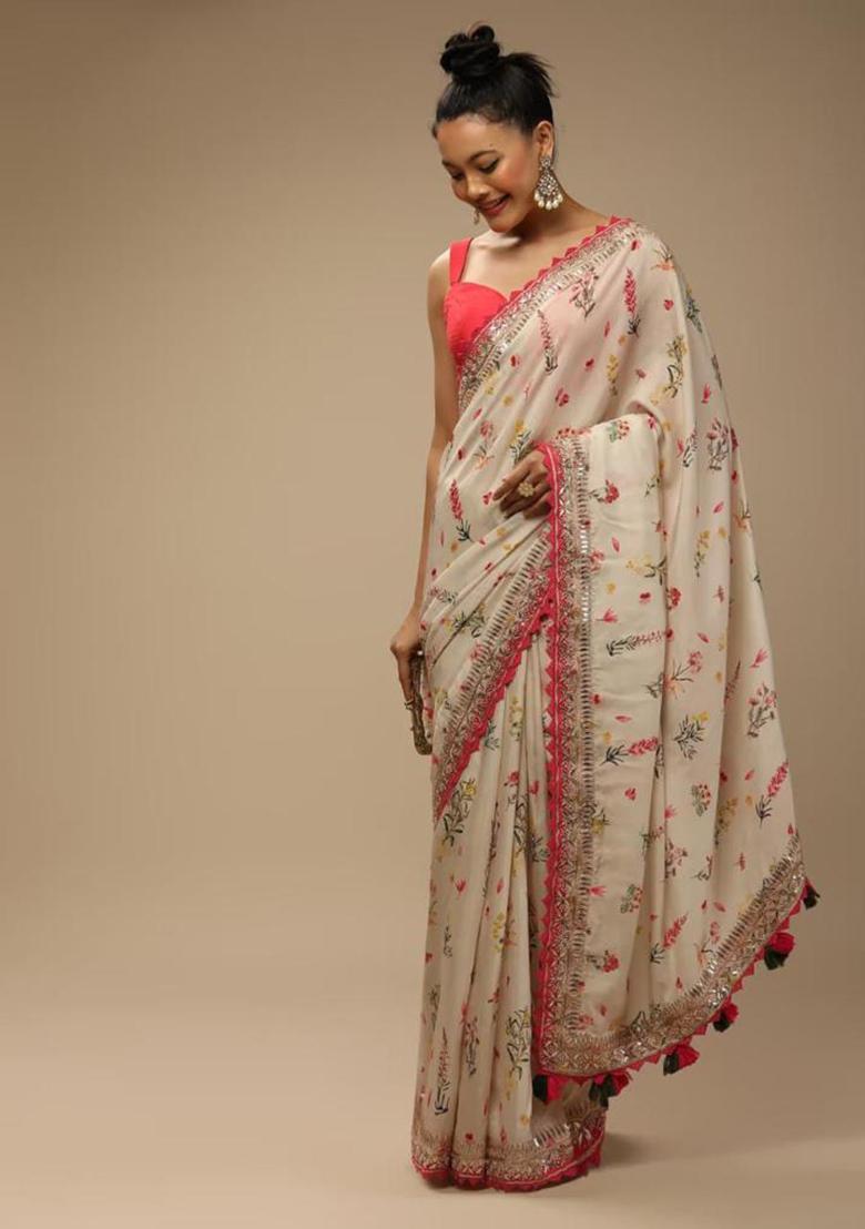 Off White Sequin Embroidered Chinon Saree Set