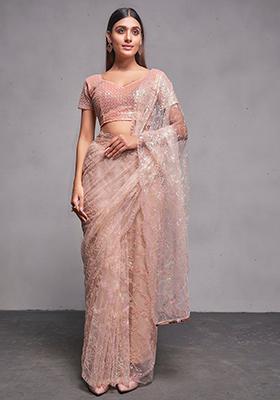 Peach Sequin Embroidered Net Saree Set