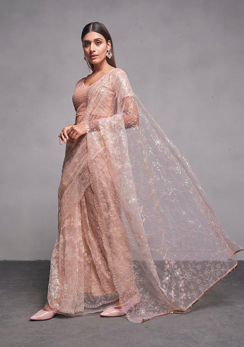Peach Sequin Embroidered Net Saree Set