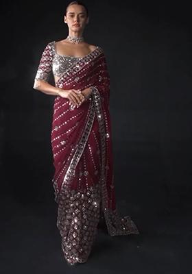 Maroon Sequin Embroidered Georgette Saree Set