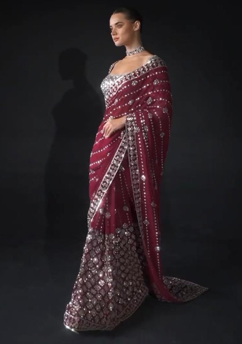 Maroon Sequin Embroidered Georgette Saree Set