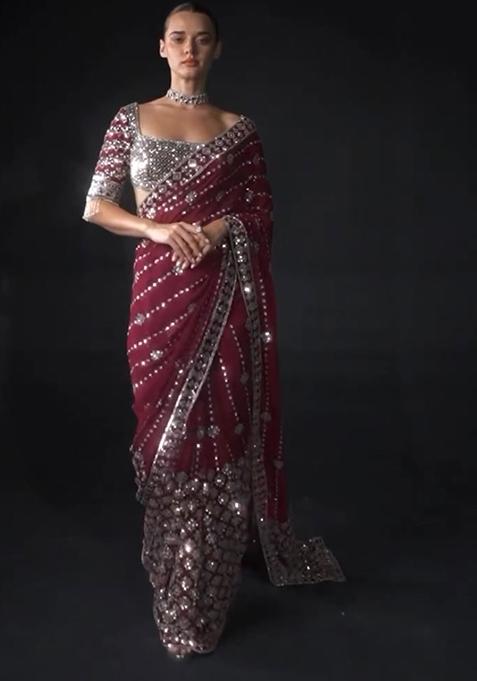 Maroon Sequin Embroidered Georgette Saree Set