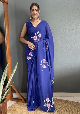 Navy Blue Printed Faux Fabric Saree Set