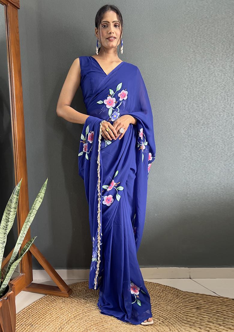 Navy Blue Printed Faux Fabric Saree Set