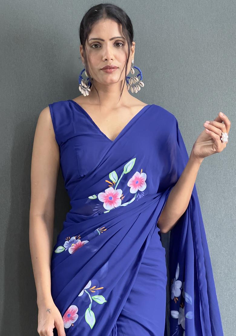 Navy Blue Printed Faux Fabric Saree Set