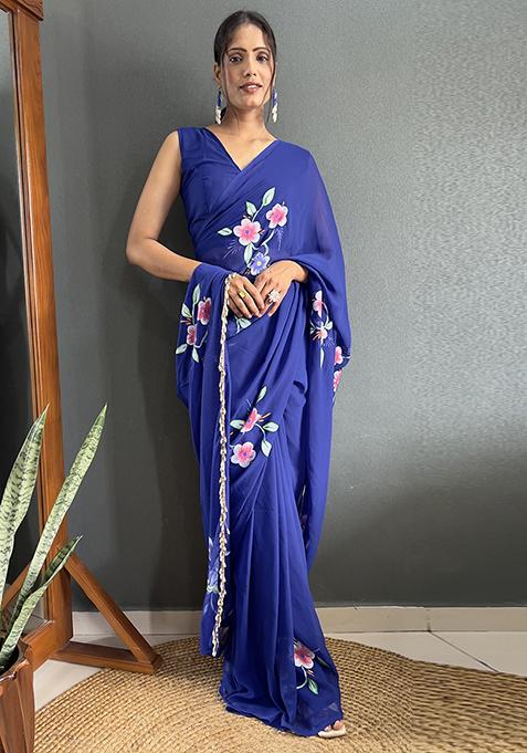 Navy Blue Printed Faux Fabric Saree Set