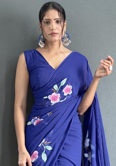 Navy Blue Printed Faux Fabric Saree Set