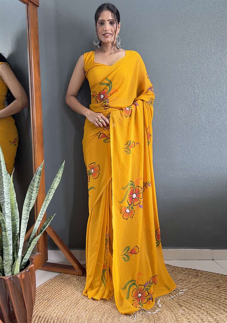 Mustard Yellow Printed Faux Fabric Saree Set - Indya