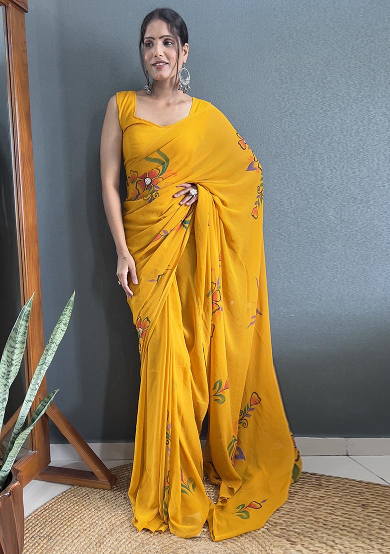 Mustard Yellow Printed Faux Fabric Saree Set