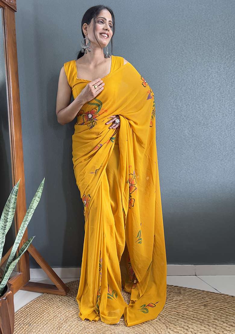 Mustard Yellow Printed Faux Fabric Saree Set - Indya