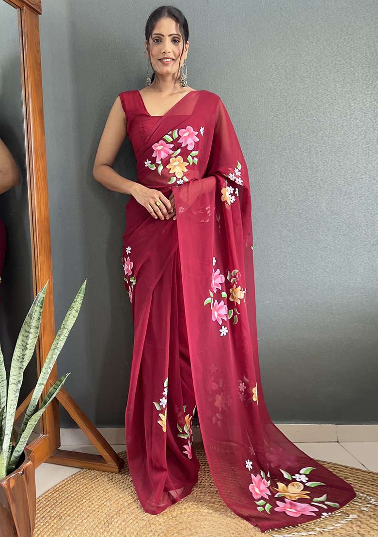 Maroon Red Printed Faux Fabric Saree Set - Indya