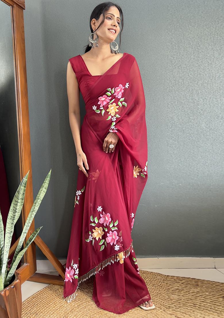 Maroon Red Printed Faux Fabric Saree Set