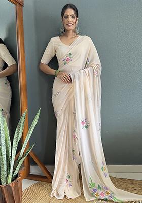 Off White Printed Faux Fabric Saree Set