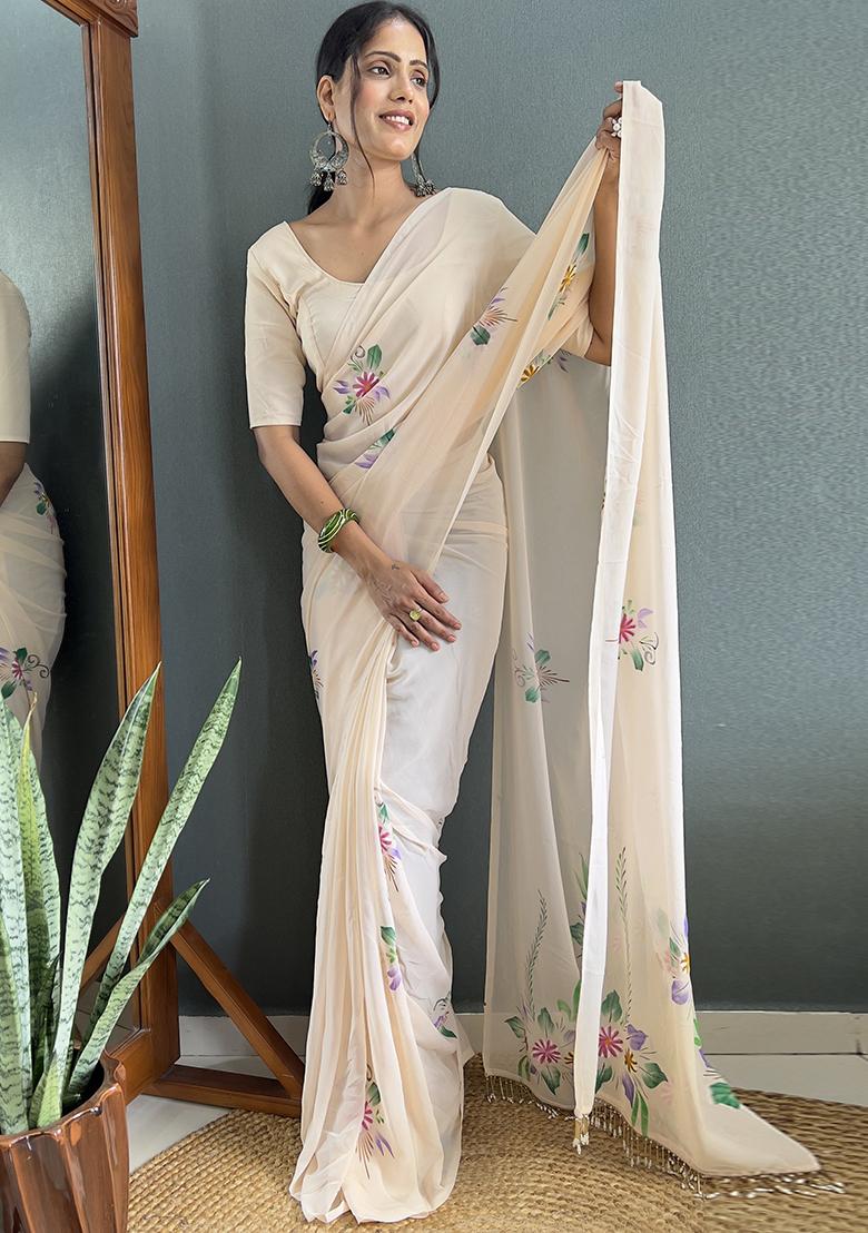 Off White Printed Faux Fabric Saree Set
