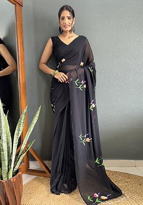 Black Printed Faux Fabric Saree Set
