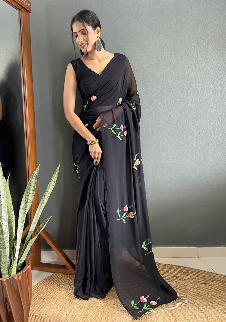 Black Printed Faux Fabric Saree Set