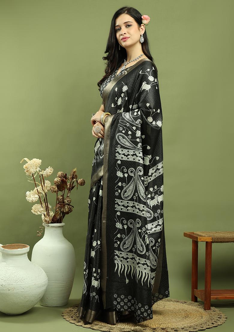 Black Weaving Silk Saree Set