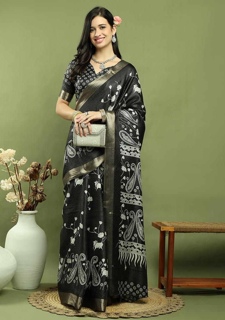 Black Weaving Silk Saree Set