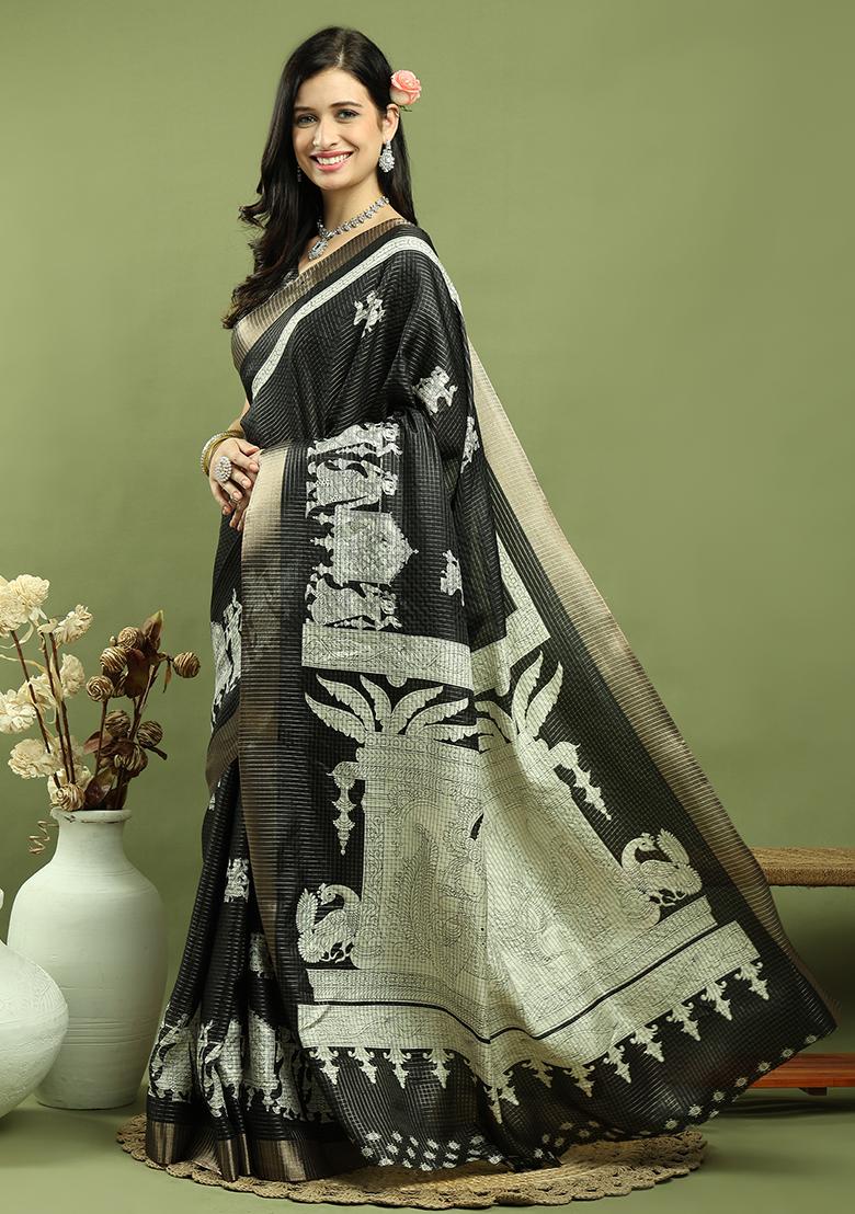 Black Weaving Silk Saree Set