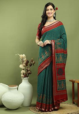 Teal Weaving Silk Saree Set