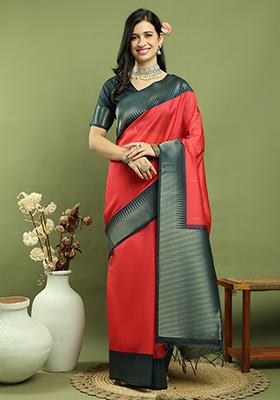 Red Weaving Silk Saree Set