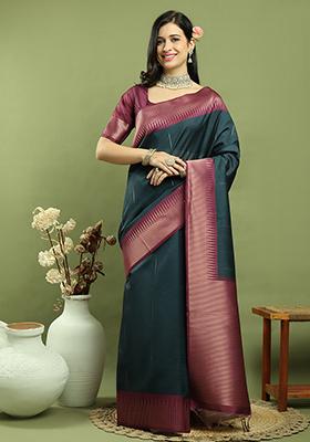 Teal Weaving Silk Saree Set