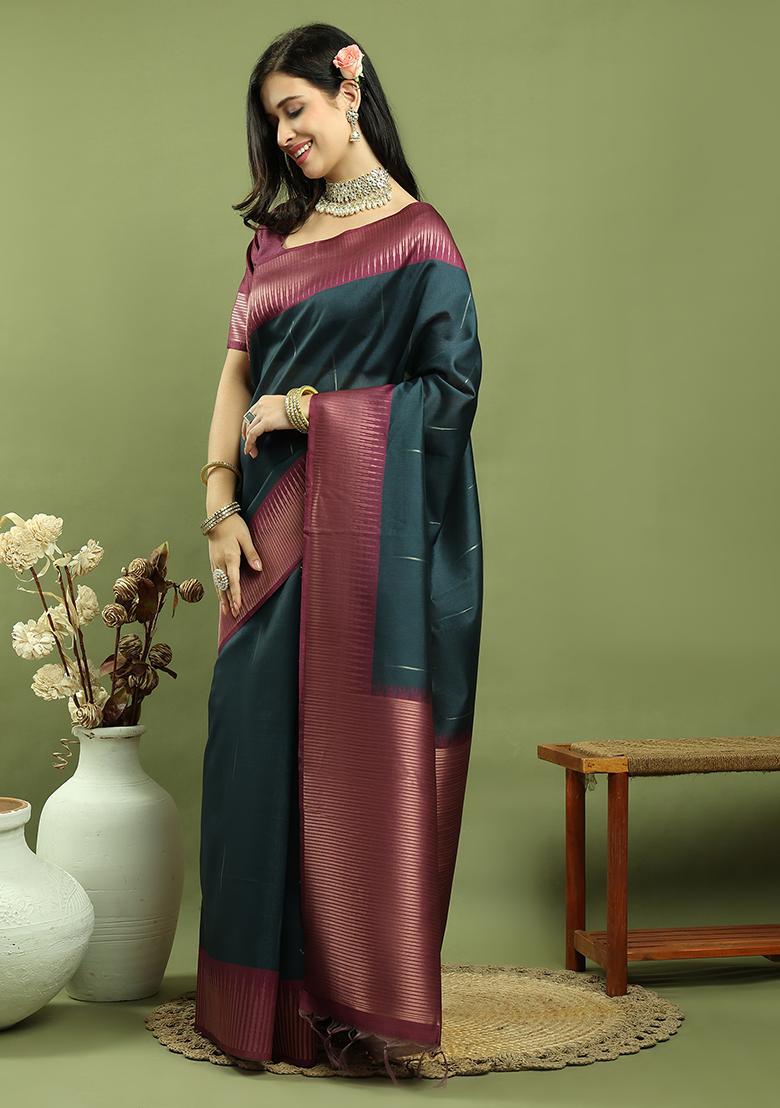 Teal Weaving Silk Saree Set