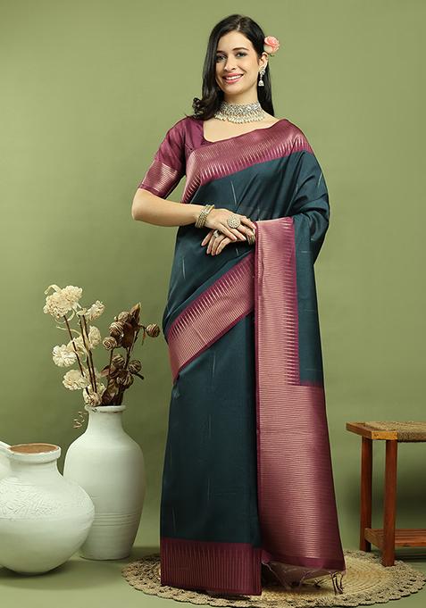 Teal Weaving Silk Saree Set