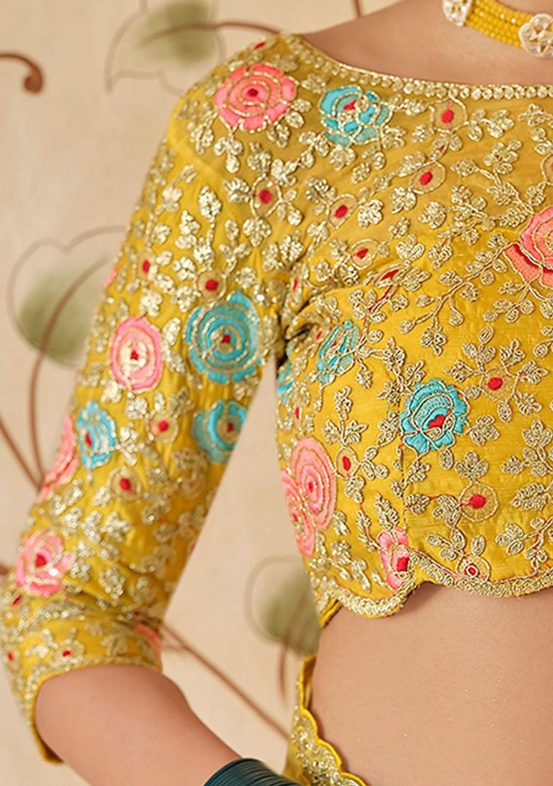 Yellow Embroidered Poly Blend Pre-Stitched Saree