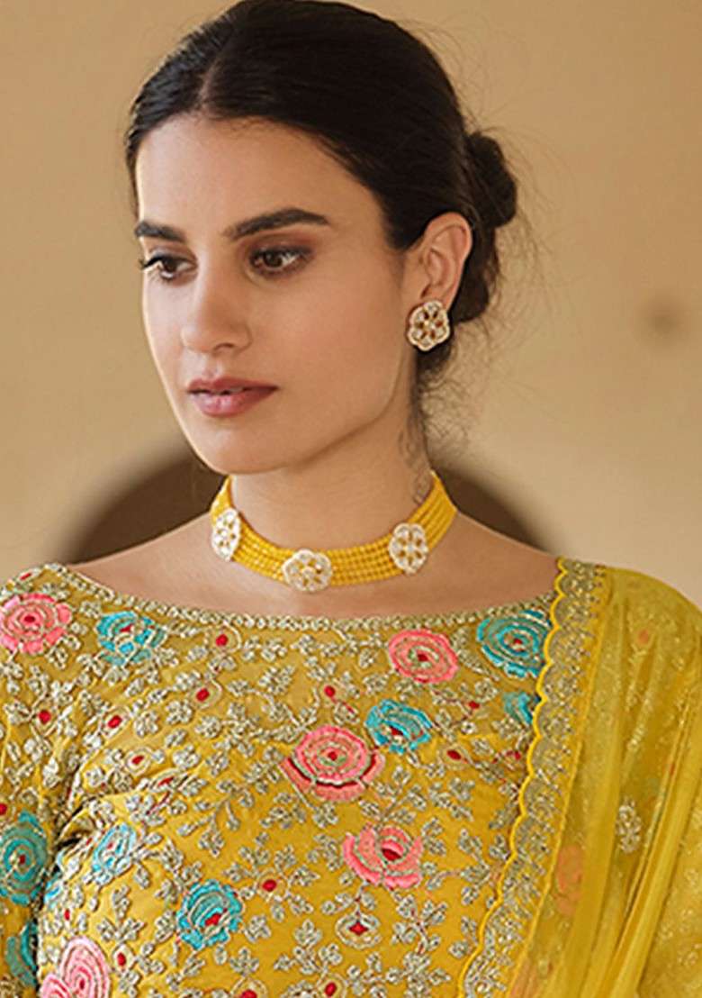 Yellow Embroidered Poly Blend Pre-Stitched Saree for Diwali and Festive Wear - Indya