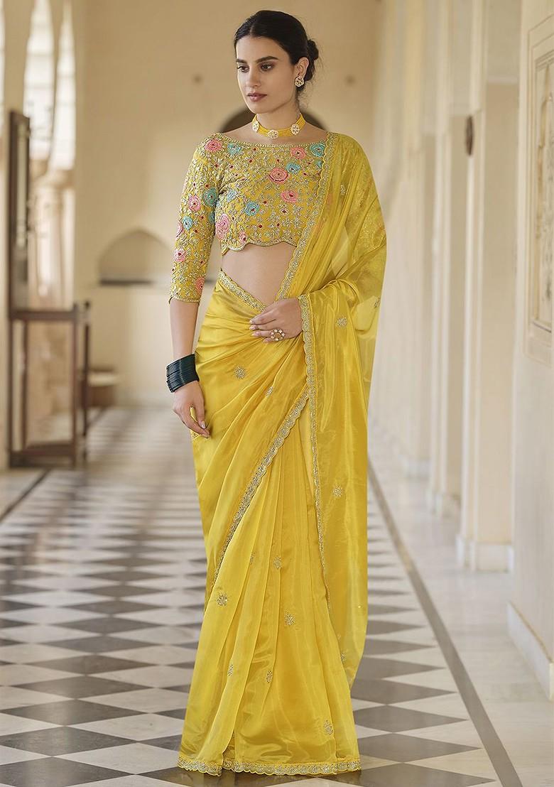 Yellow Embroidered Poly Blend Pre-Stitched Saree