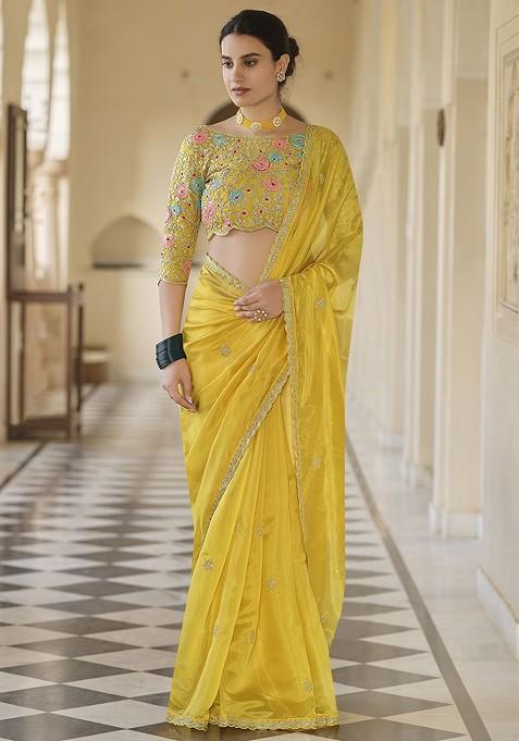 Yellow Embroidered Poly Blend Pre-Stitched Saree for Diwali and Festive Wear