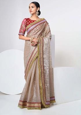 Beige Mirror Work Poly Blend Pre-Stitched Saree