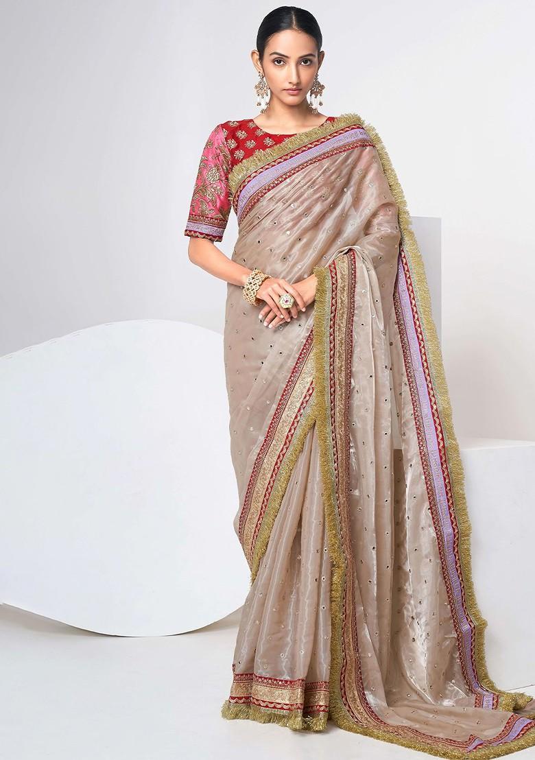 Beige Mirror Work Poly Blend Pre-Stitched Saree