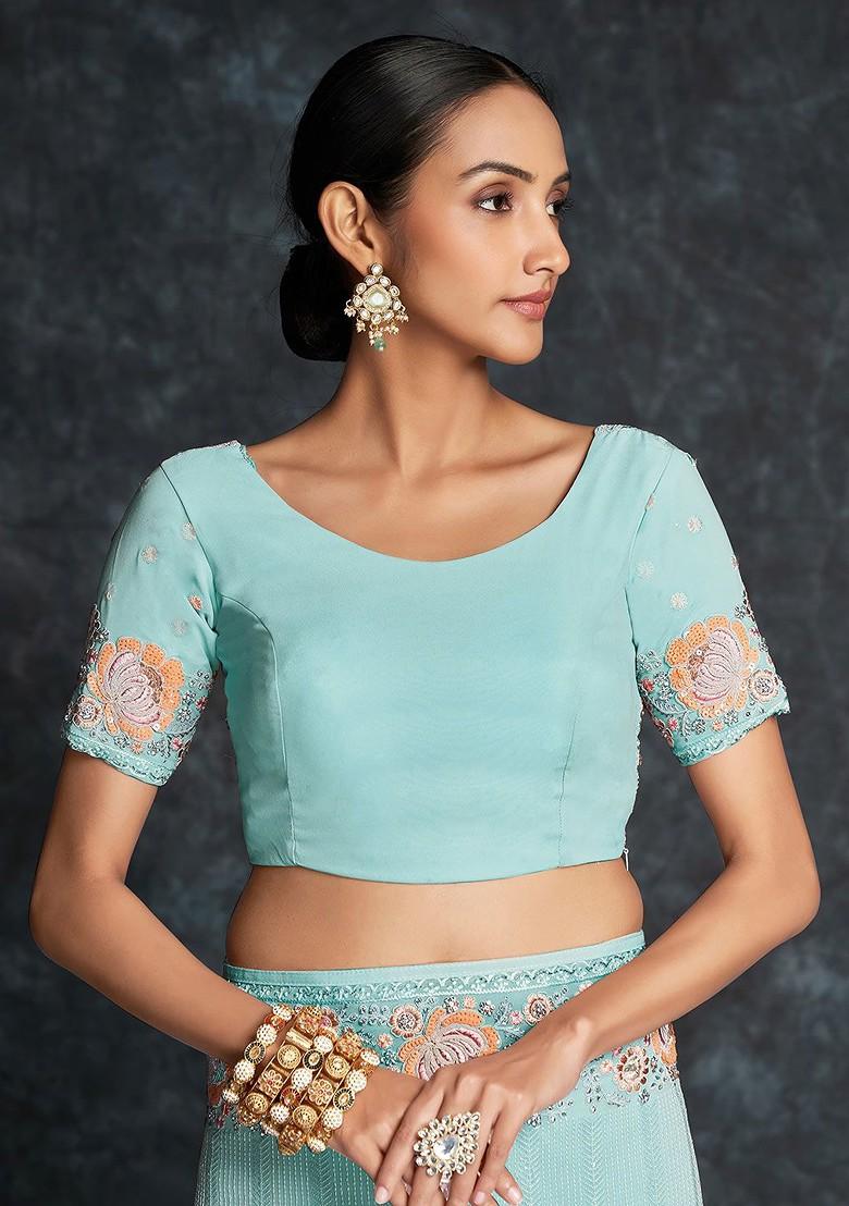 Blue Embroidered Poly Blend Pre-Stitched Saree