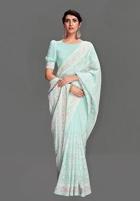 Blue Embroidered Poly Blend Pre-Stitched Saree