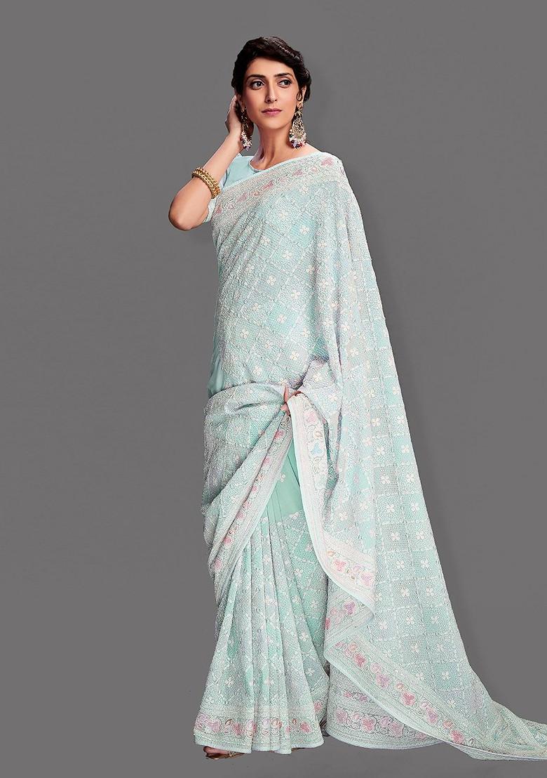 Blue Embroidered Poly Blend Pre-Stitched Saree