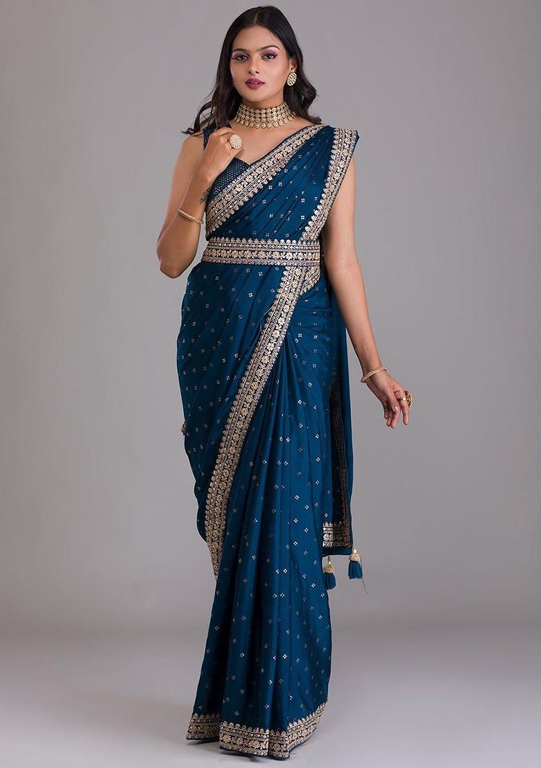 Blue Sequin Embroidered Poly Blend Pre-Stitched Saree