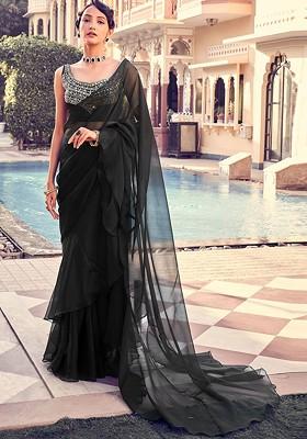 Black Embroidered Poly Blend Pre-Stitched Saree
