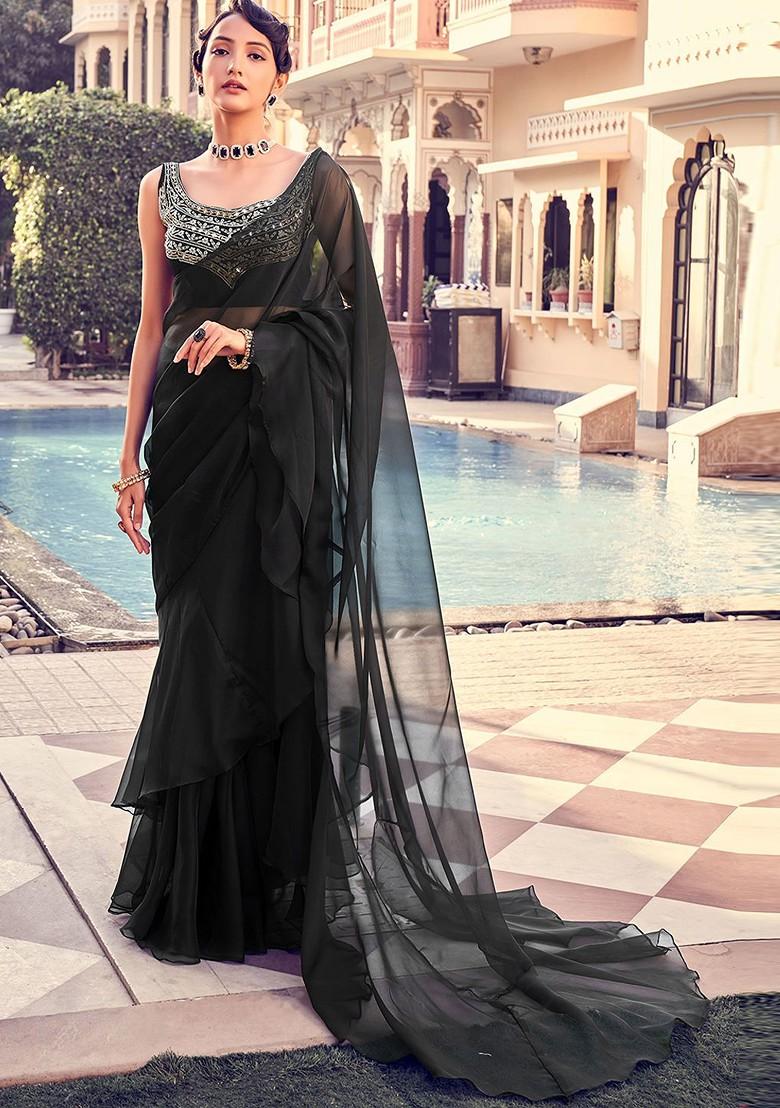 Black Embroidered Poly Blend Pre-Stitched Saree