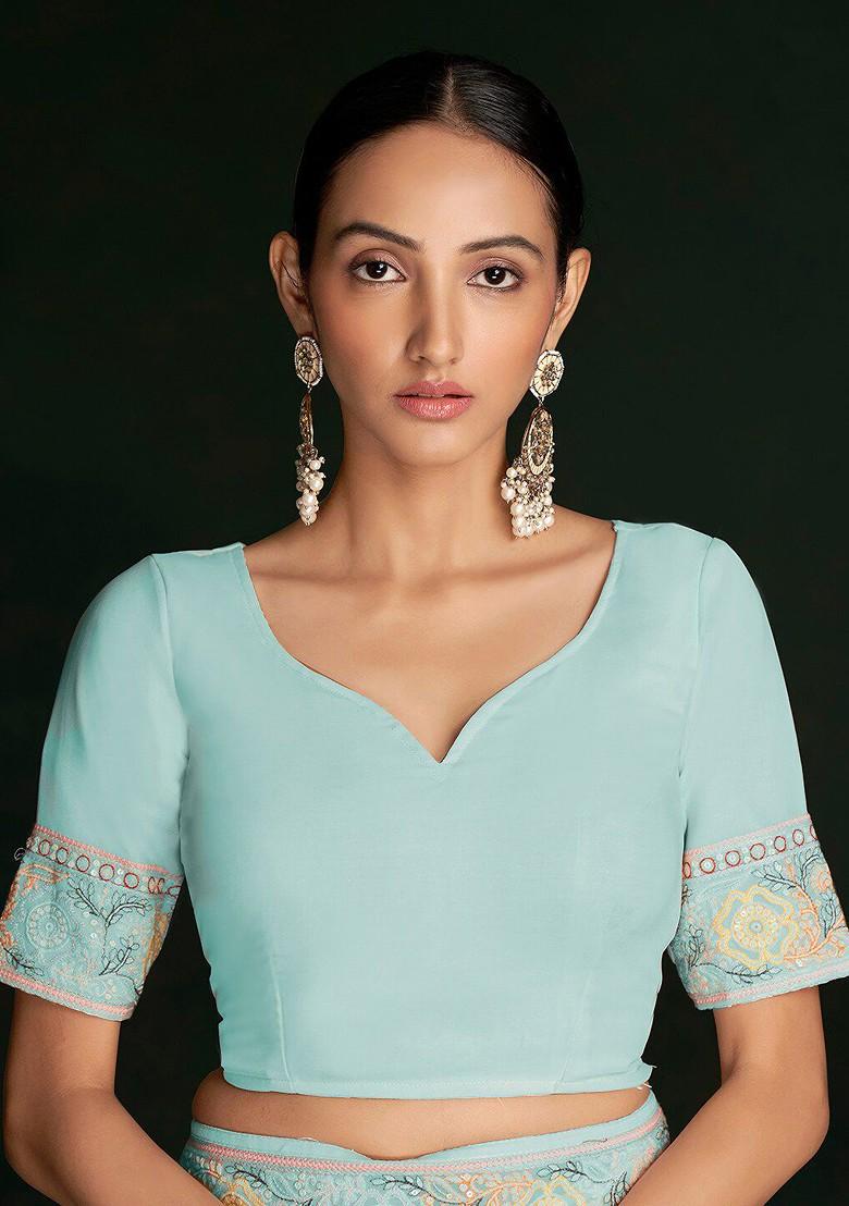 Blue Embroidered Poly Blend Pre-Stitched Saree