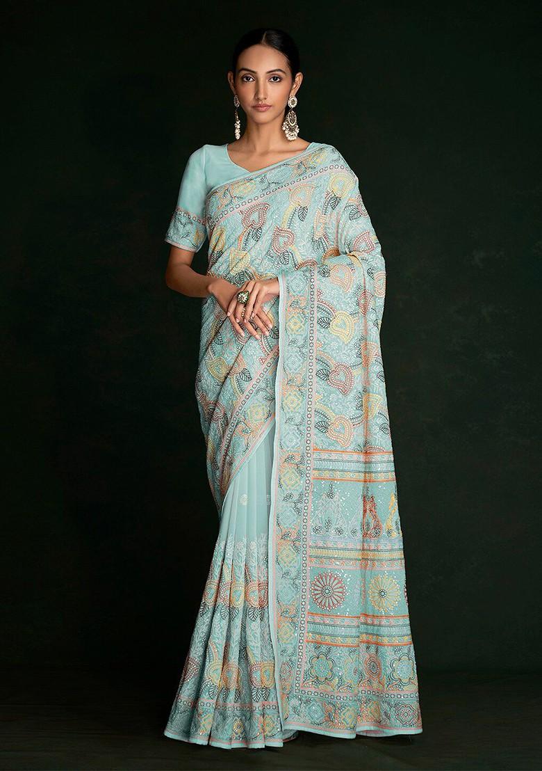 Blue Embroidered Poly Blend Pre-Stitched Saree