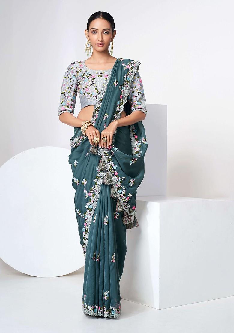 Green Embroidered Poly Blend Pre-Stitched Saree