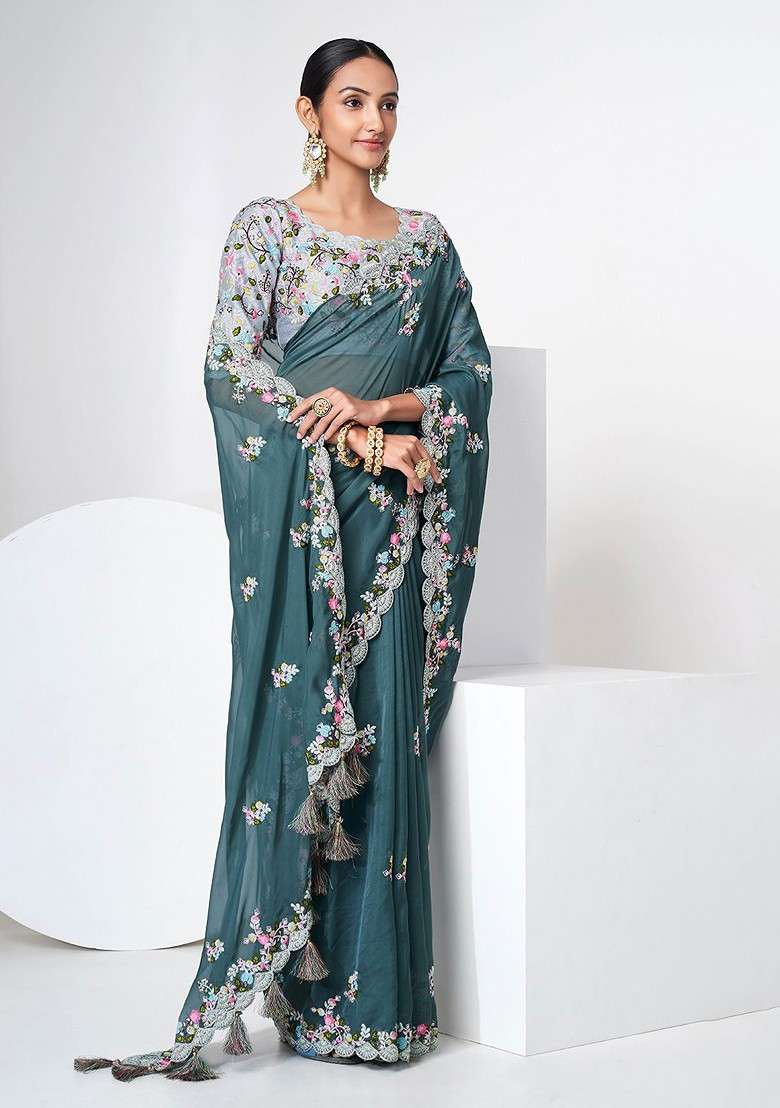 Green Embroidered Poly Blend Pre-Stitched Saree for Diwali and Festive Wear - Indya