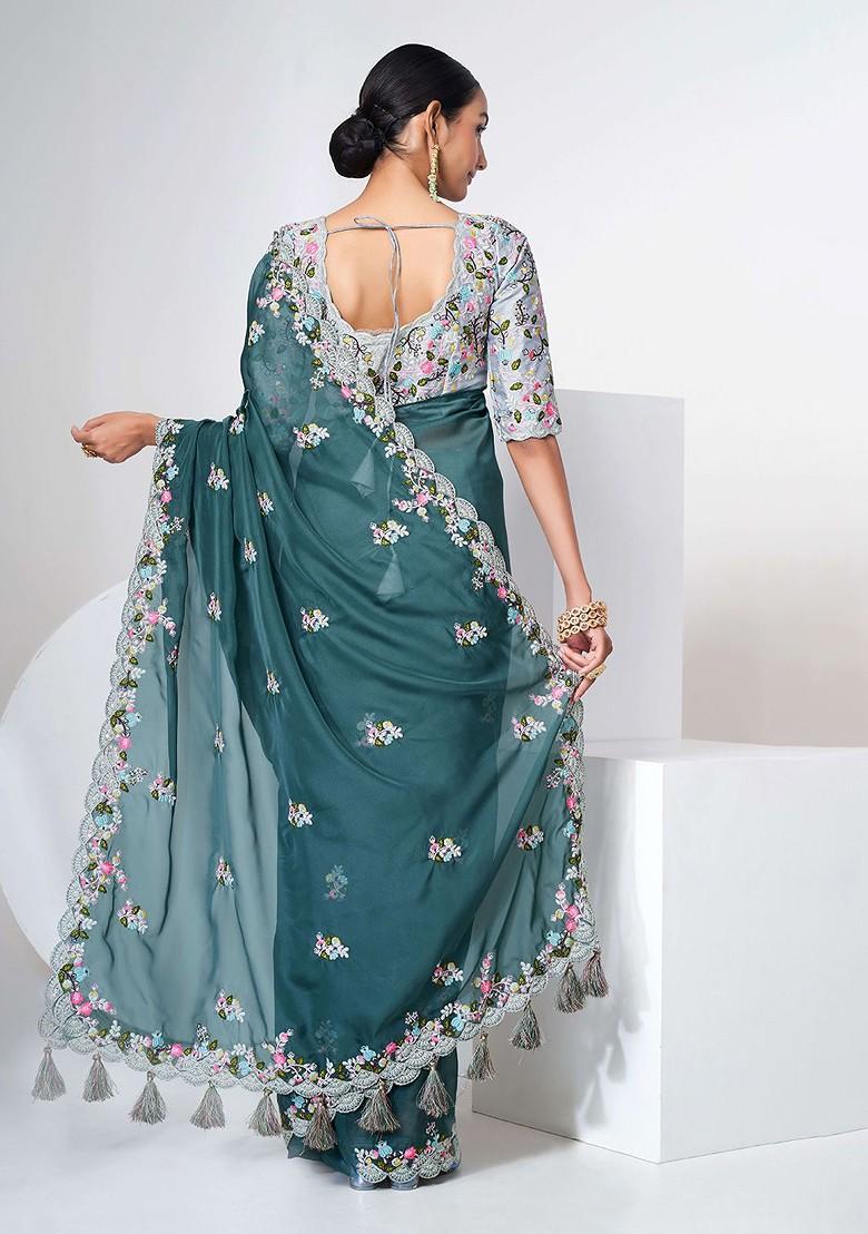 Green Embroidered Poly Blend Pre-Stitched Saree