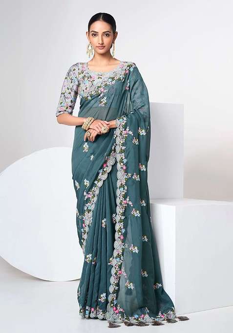 Green Embroidered Poly Blend Pre-Stitched Saree for Diwali and Festive Wear