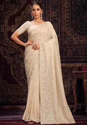 White Sequin Embroidered Poly Blend Pre-Stitched Saree