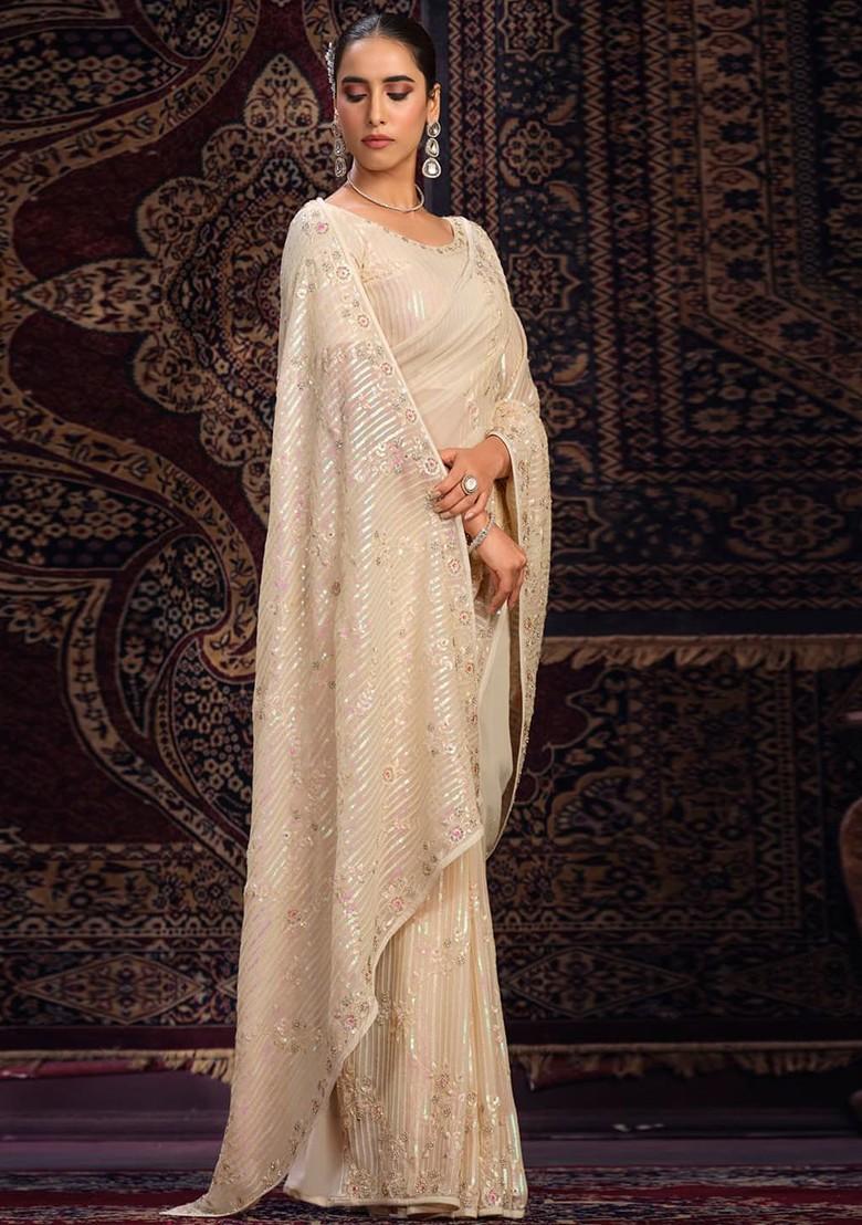 White Sequin Embroidered Poly Blend Pre-Stitched Saree