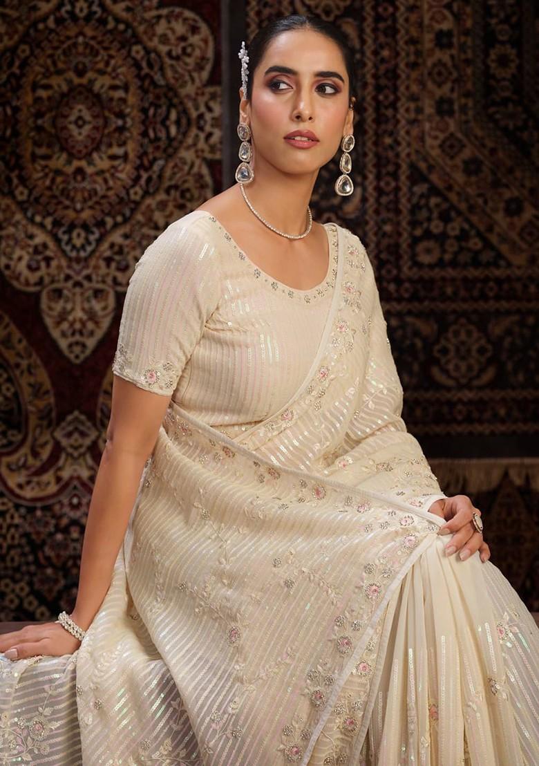 White Sequin Embroidered Poly Blend Pre-Stitched Saree